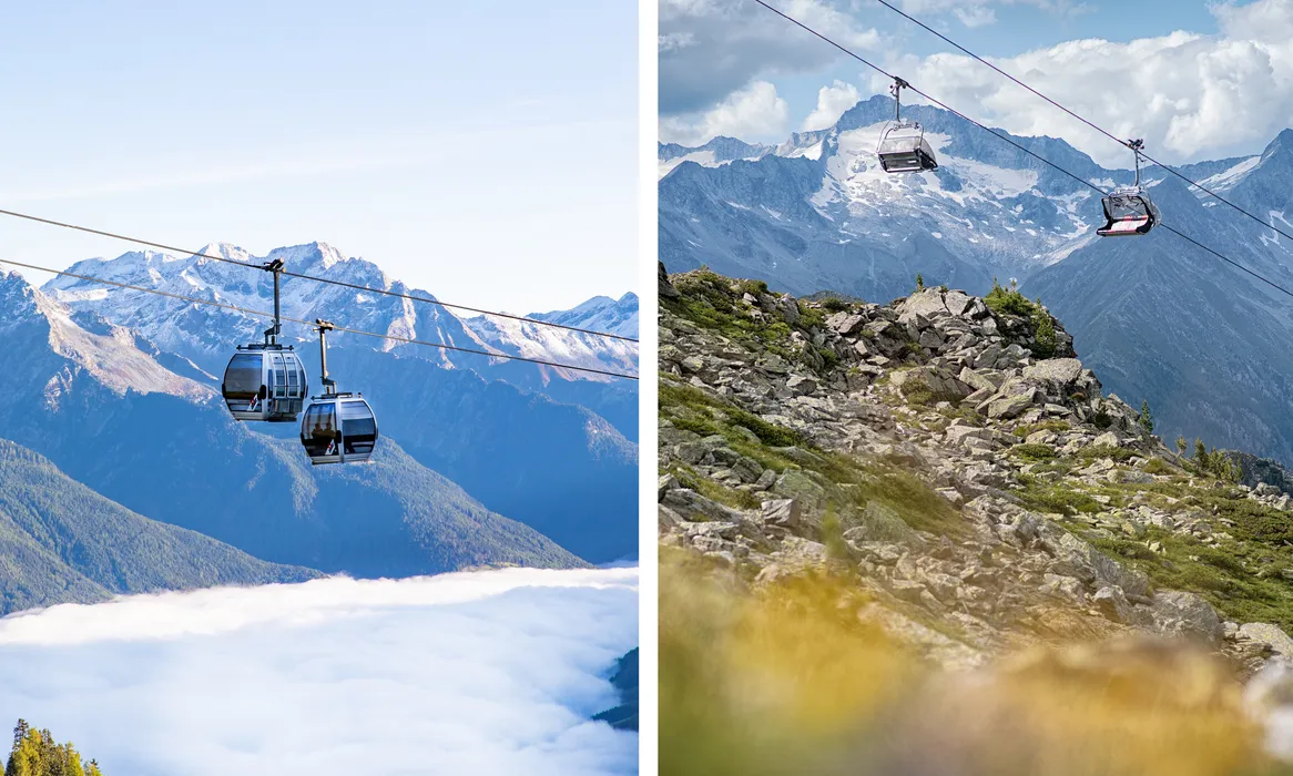 Gondeln der Kabinenbahn am Klausberg über Nebelmeer und schneebedeckten Gipfeln