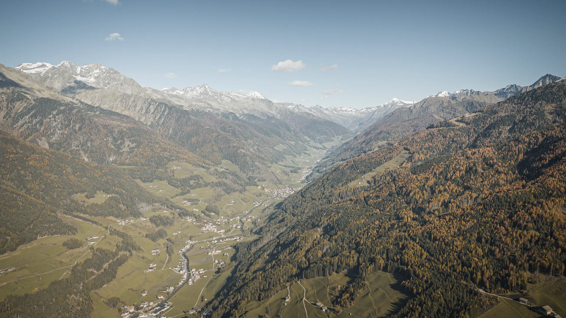 Drohnenaufnahme Ahrntal im Herbst mit goldenen Lärchenwäldern und Blick auf Zillertaler Alpen