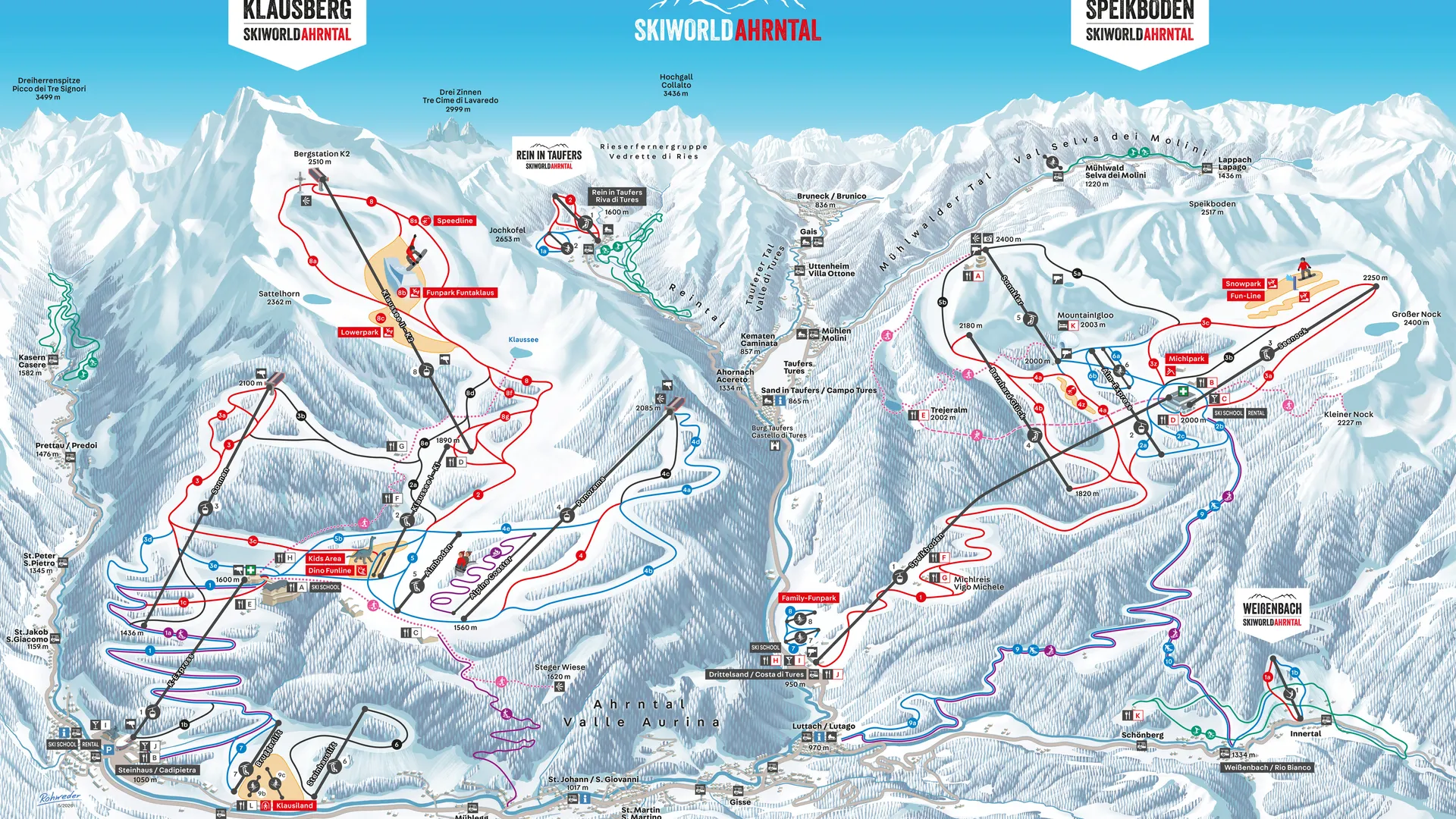 Pistenplan der Skiworld Ahrntal mit Übersicht der Skigebiete Klausberg, Speikboden und Lifte