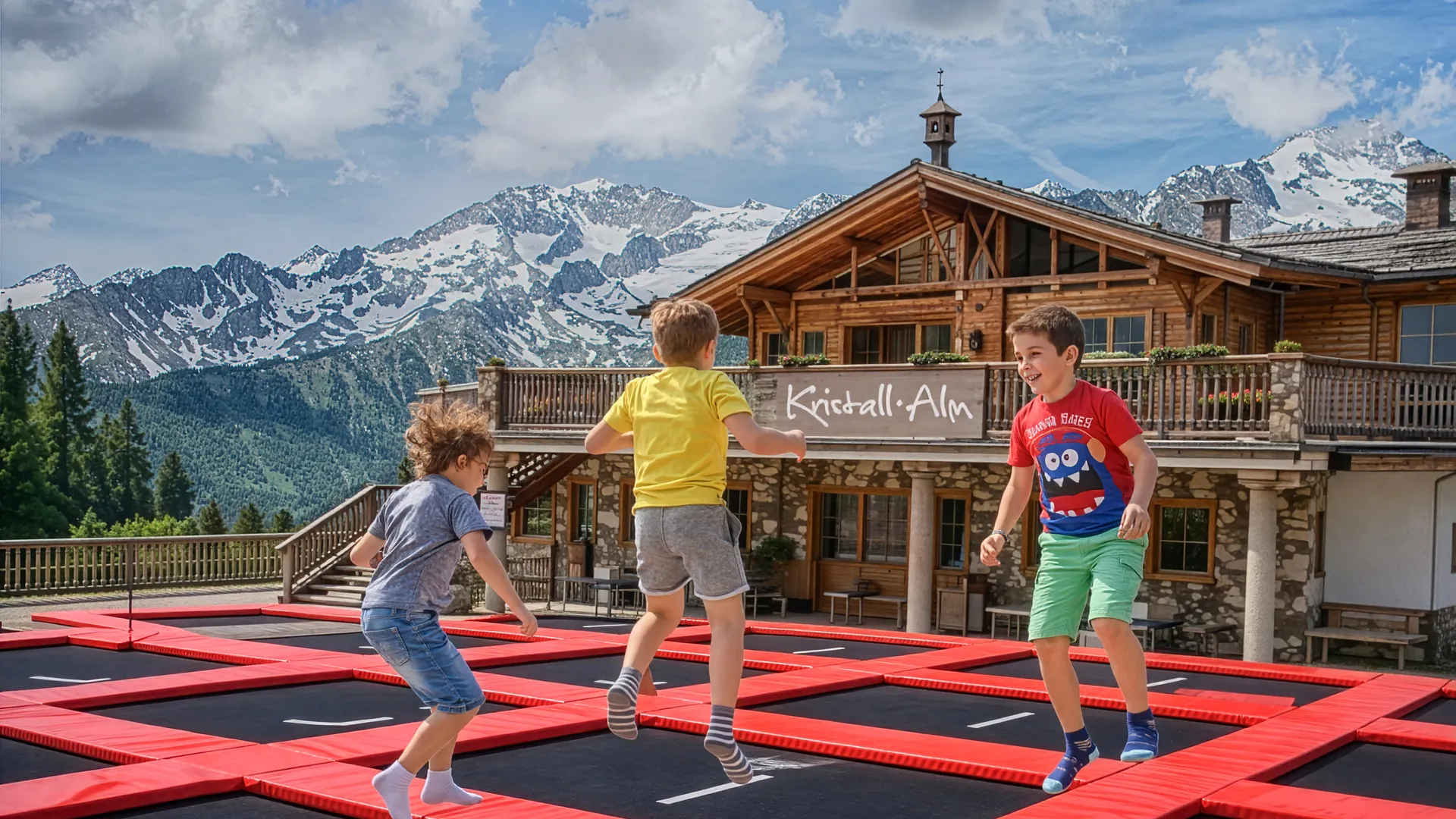Kinder springen auf Trampolin bei der Kristall-Alm am Klausberg