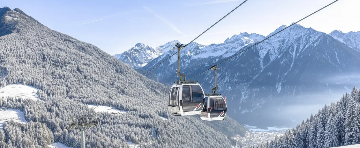 Cable car gondolas at Klausberg over snowy pine forests in Ahrntal valley