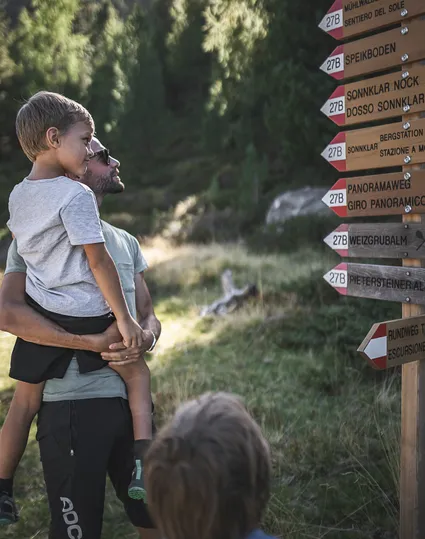Familie am Wanderwegweiser am Speikboden mit Zielen Sonnklar, Panoramaweg und Weizgrubalm