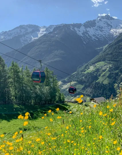 K-Express Gondeln über sommerlicher Blumenwiese mit Bergbauernhöfen und Gipfeln im Ahrntal