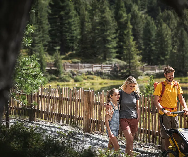 Familie wandert mit Kinderwagen entlang Holzzaun durch Lärchenwald am Bergsee im Ahrntal