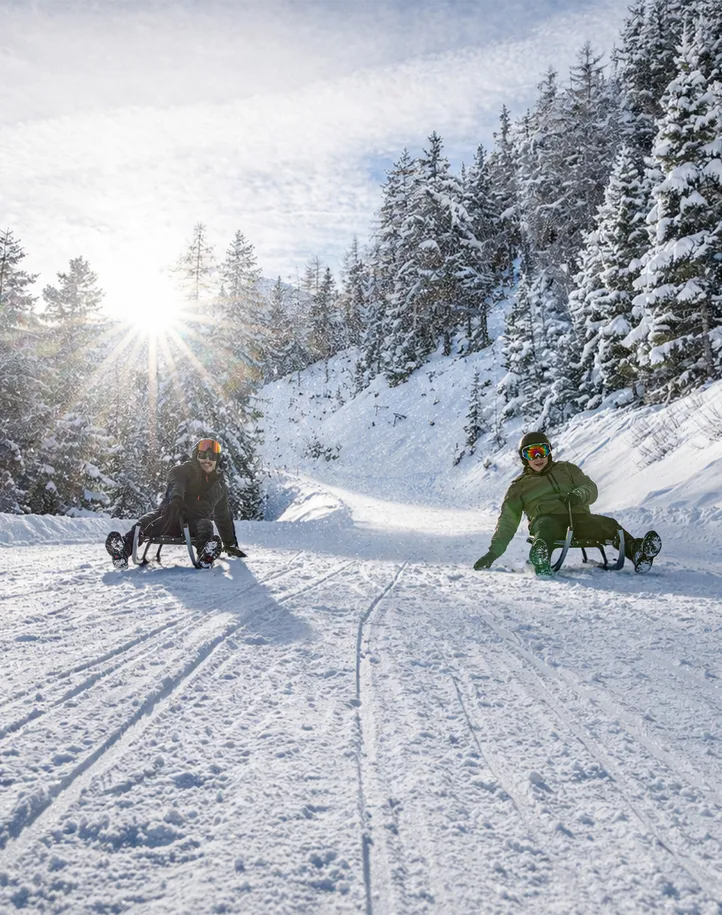 Zwei Rodler sausen bei Sonnenschein durch verschneiten Winterwald auf Rodelbahn im Ahrntal